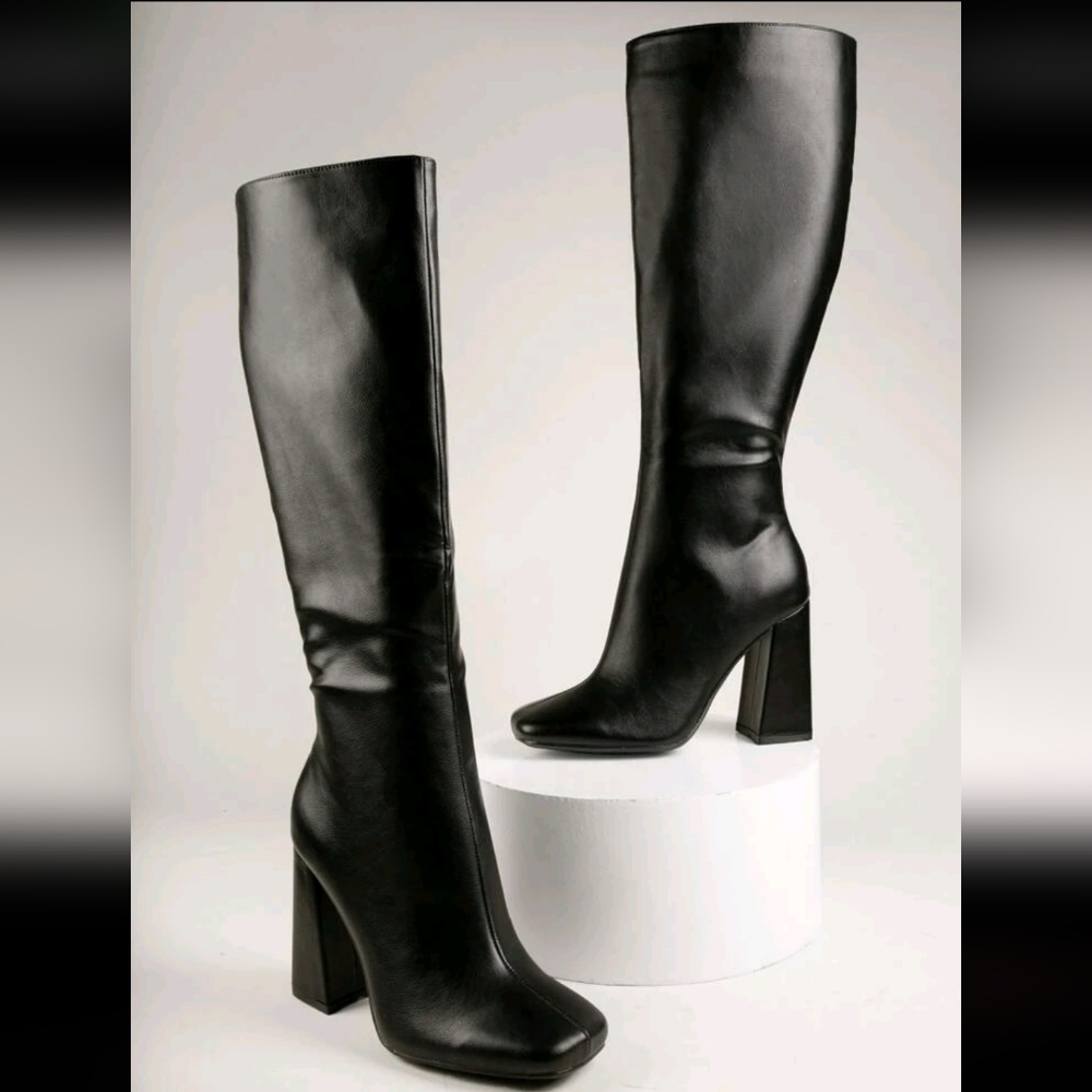 Leather Square Toe Block Heel Boots